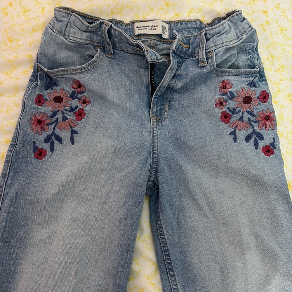 Abercrombie Kids Blue Straight Leg Jeans with Floral Embroidery